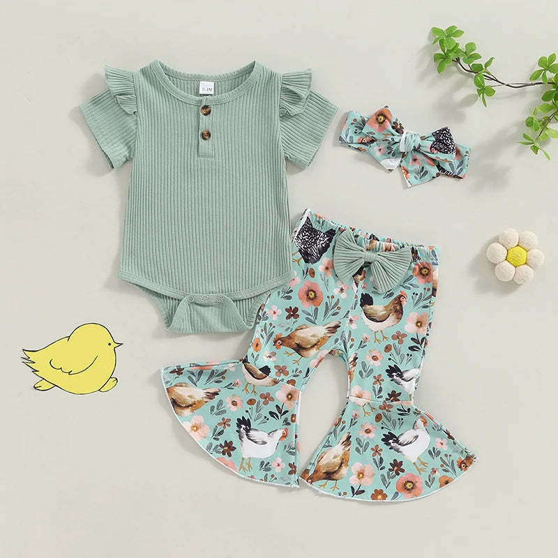 Baby Girl 3Pcs Romper Outfit Ribbed Ruffled Short Sleeve Jumpsuit with Floral / Chicken Flare Pants Headband Set