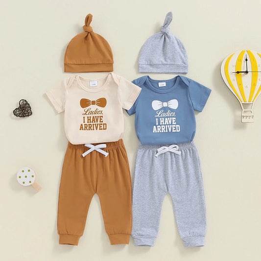 Baby Boys 3Pcs Ladies I Have Arrived Letter Print O-Neck Short Sleeve Romper Long Pants Hat Set