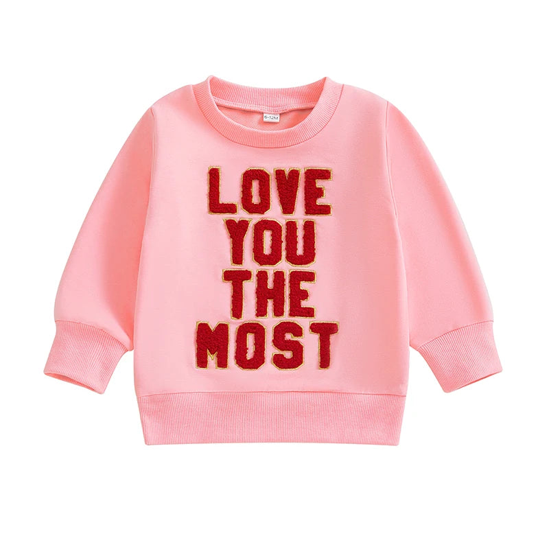 Baby Toddler Girls Boys Love You The Most Valentine's Day Letter Embroidery Long Sleeve Pullover Casual Top Valentines