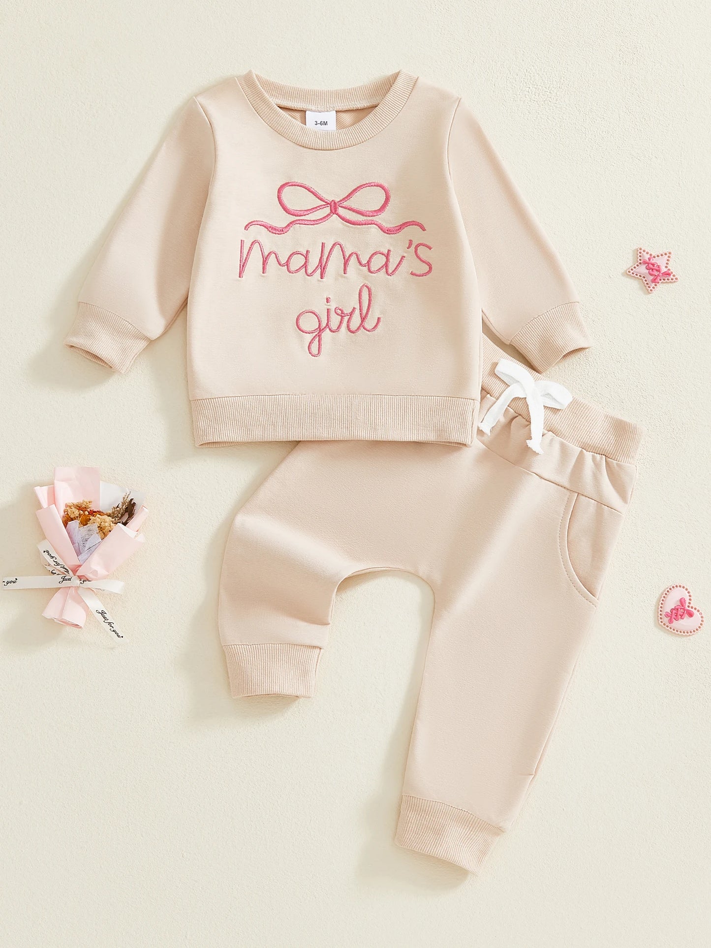Baby Toddler Girls 2Pcs Mama's Girl Outfit Bow Letter Embroidered Long Sleeve Top and Solid Joggers 2 Piece Set