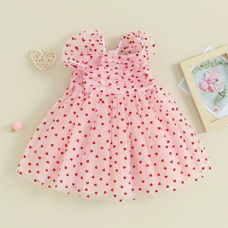 Baby Toddler Girl Valentine’s Day Dress Heart Print Short Puff Sleeve Tulle Princess