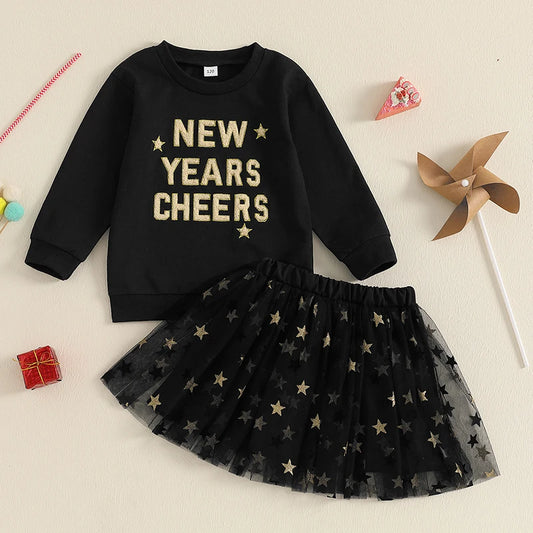 Toddler Kids Girl 2Pcs New Years Cheers Skirt Outfit Letter Embroidery Long Sleeve Top Glitter Star Print Tulle Skirt Clothing Set