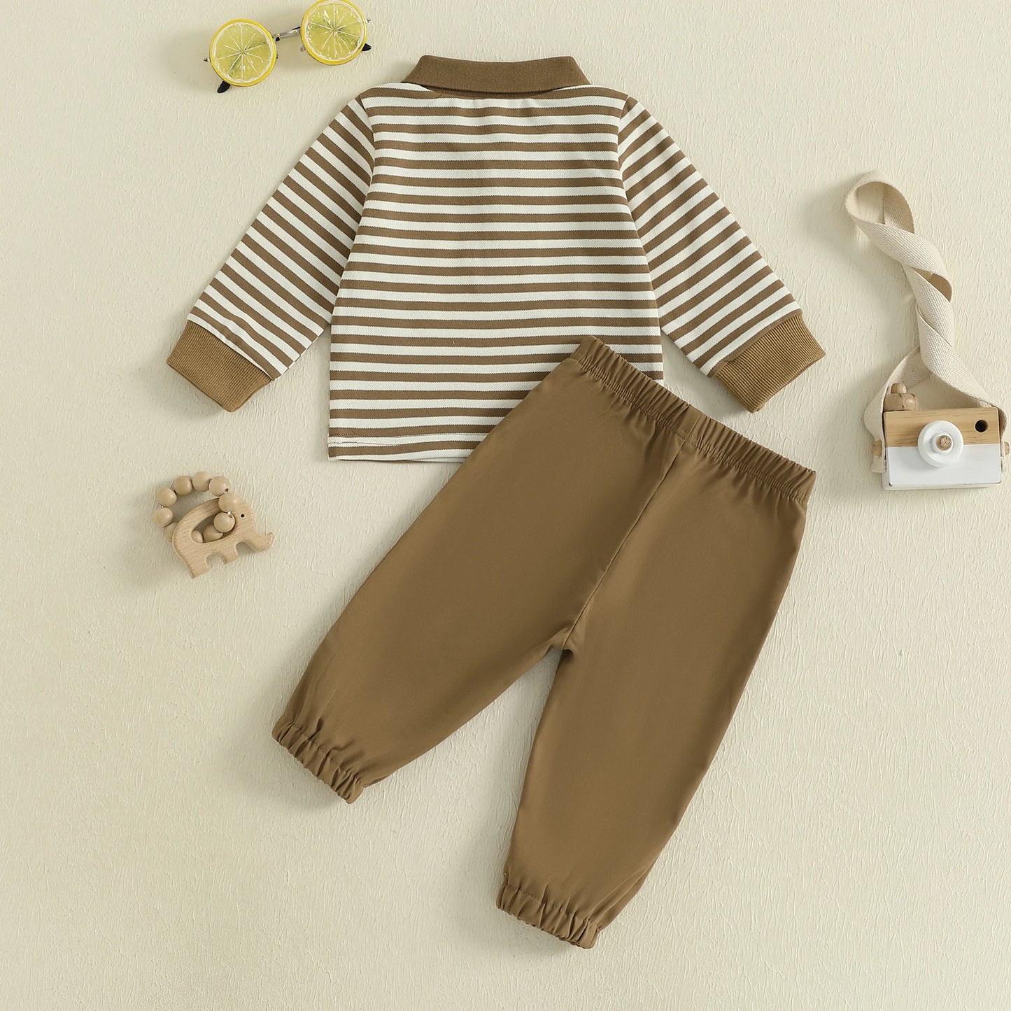 Baby Toddler Boys 2Pcs Fall Long Sleeve Lapel Bear Embroidery Striped Top Pants Sets