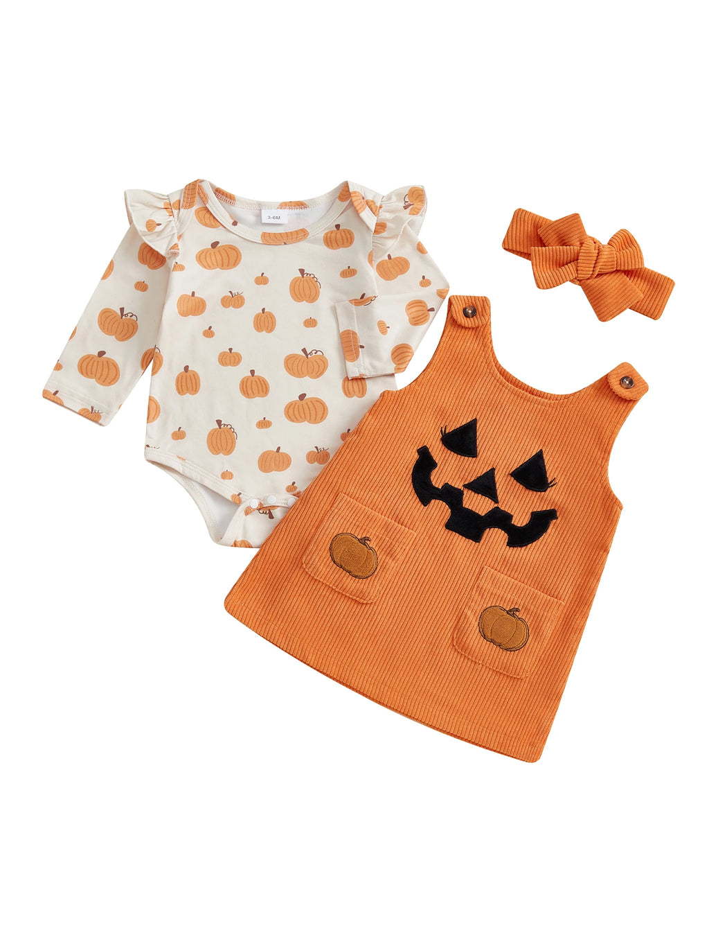 Baby Girls 3Pcs Halloween Outfit Pumpkin Ruffle Long Sleeve Romper Overall Dress Headband Set