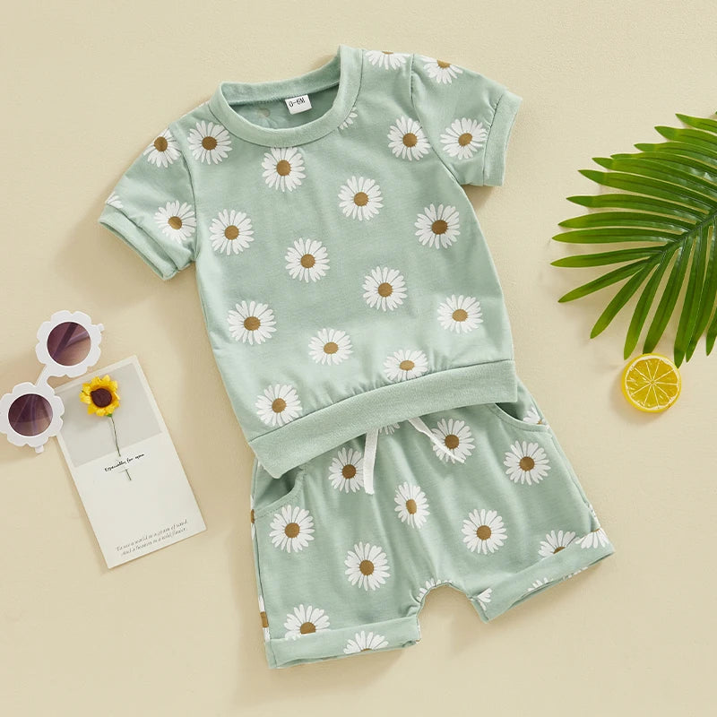 Baby Toddler Girls 2Pcs Spring Summer Clothes Short Sleeve Daisy Flower Print Crew Neck Top Elastic Rolled Shorts Set Outfit