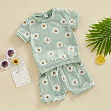 Load image into Gallery viewer, Baby Toddler Girls 2Pcs Spring Summer Clothes Short Sleeve Daisy Flower Print Crew Neck Top Elastic Rolled Shorts Set Outfit
