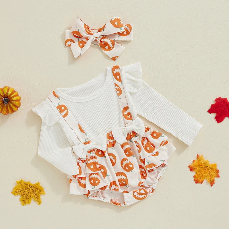 Baby Girls 2Pcs Halloween Romper Long Sleeve Pumpkin Print Ruffled Hem Jumpsuit with Headband Set