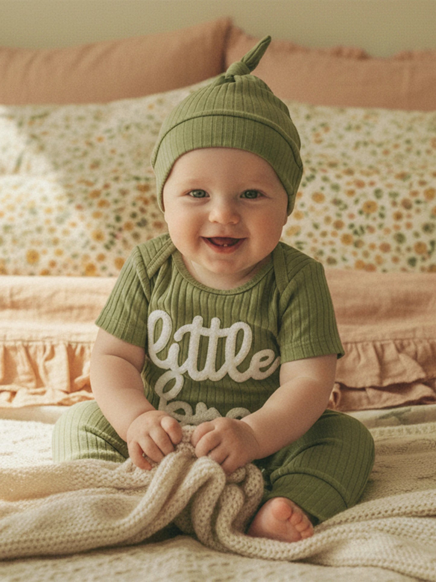 Baby Boy 2Pcs Little Bro Short Sleeve Romper Ribbed Letter Embroidery Round Neck Infant Jumpsuit with Hat Set