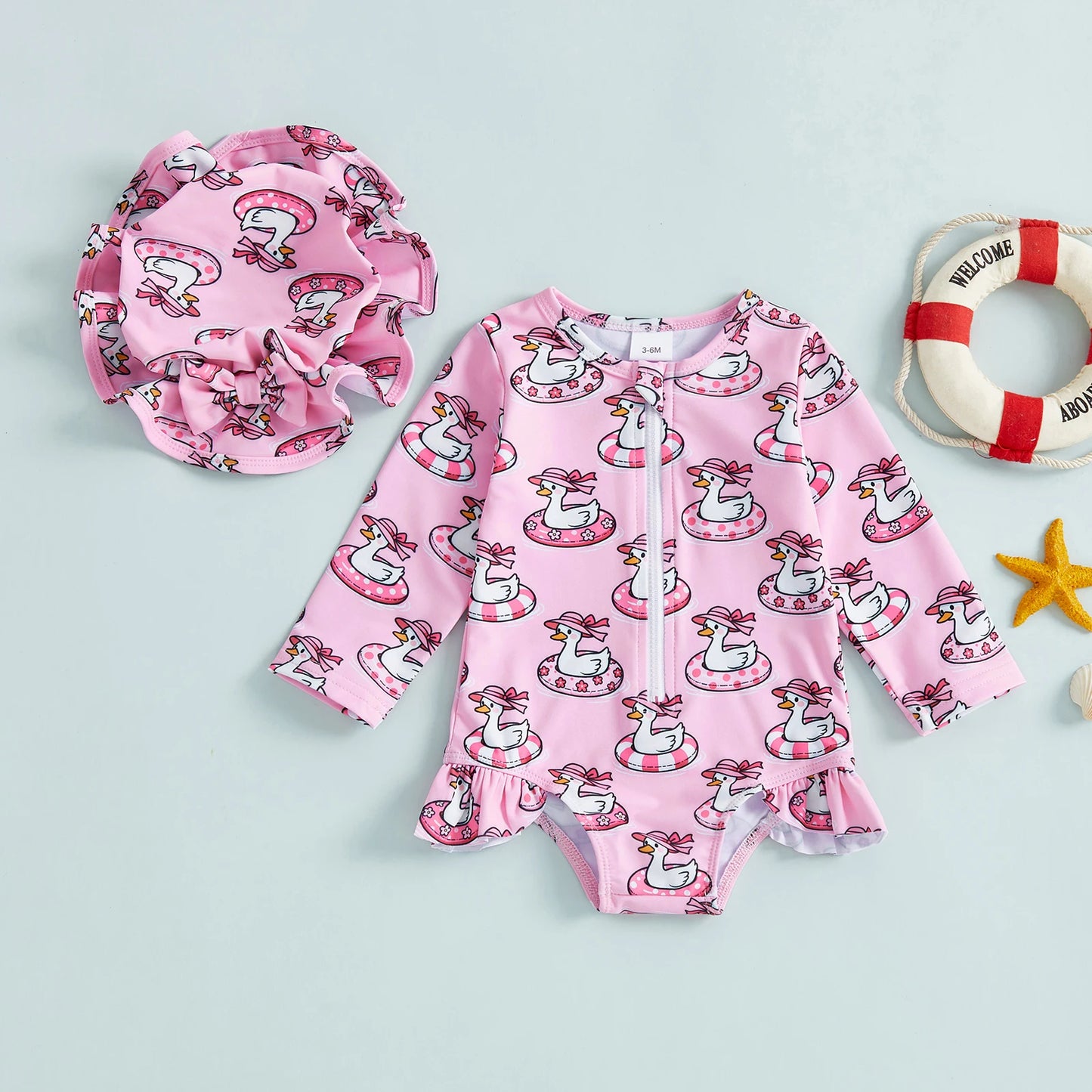 Baby Toddler Girls 2Pcs Swimsuit Set Duck/Shell Print Crew Neck Long Sleeve Zipper Rash Guard Swimwear and Sun Hat