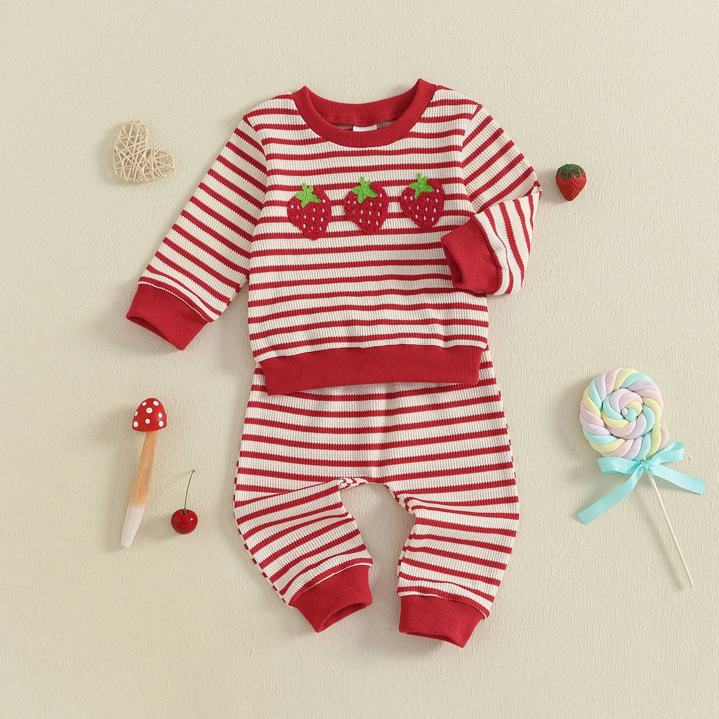 Baby Toddler Girls 2Pcs Autumn Pants Sets Strawberry Embroidery Long Sleeve Top Striped Pants Set