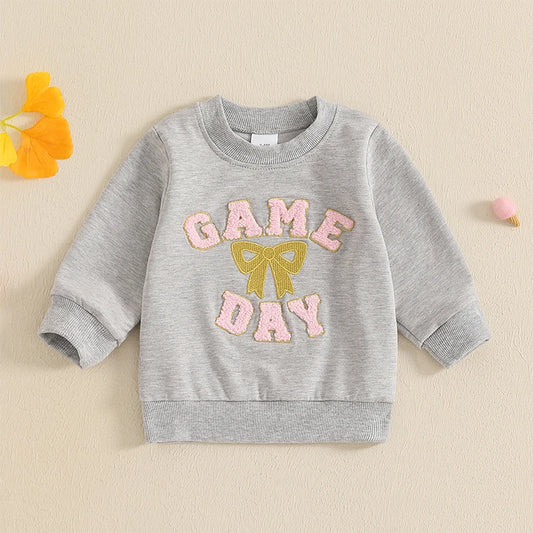 Toddler Kids Girl Game Day Bow Embroidery Football Long Sleeve Round Neck Pullover Fall Top