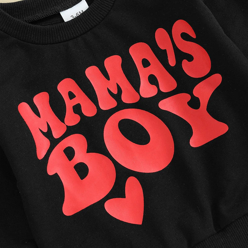 Baby Toddler Boy 2Pcs Valentine's Day Outfit Mama's Boy Heart Print Crewneck Top Jogger Pants Set