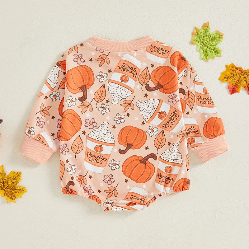 Baby Girl Halloween Fall Thanksgiving Romper Pumpkin Latte Flowers Floral Print Round Neck Long Sleeve Bubble Jumpsuit