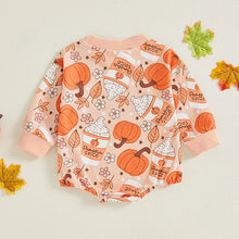 Load image into Gallery viewer, Baby Girl Halloween Fall Thanksgiving Romper Pumpkin Latte Flowers Floral Print Round Neck Long Sleeve Bubble Jumpsuit
