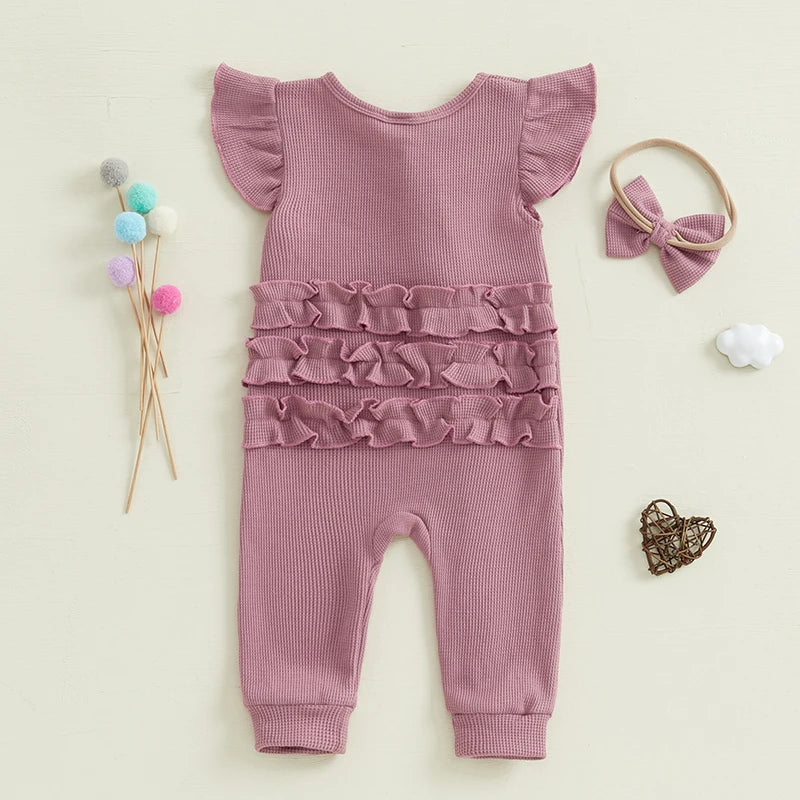 Baby Girl 2Pcs Spring Summer Outfit Ruffle Sleeveless Short Sleeve Zip Up Jumpsuit Zipper Romper with Headband Bow Set Clothes