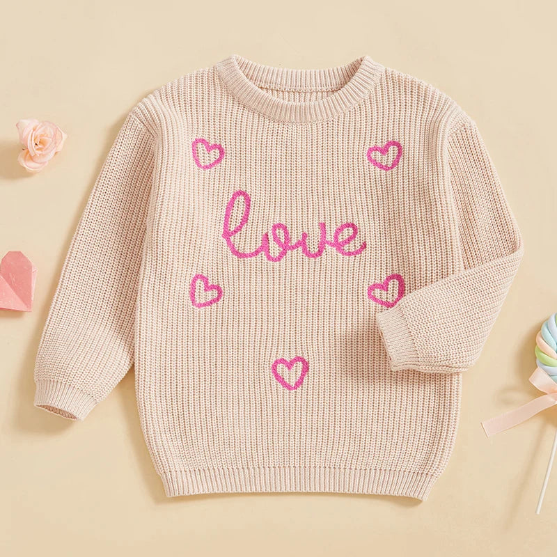 Toddler Kids Girls Pullover Sweater Casual Valentine s Day Letter Love Heart Embroidery Infant Knitwear Warm Clothes