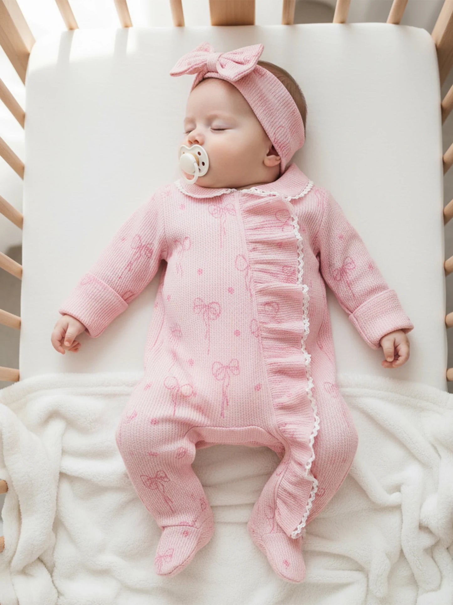 Baby Girl 2Pcs Romper Waffled Bow Print Long Sleeve Zip Up Footed Jumpsuit with Headband Set