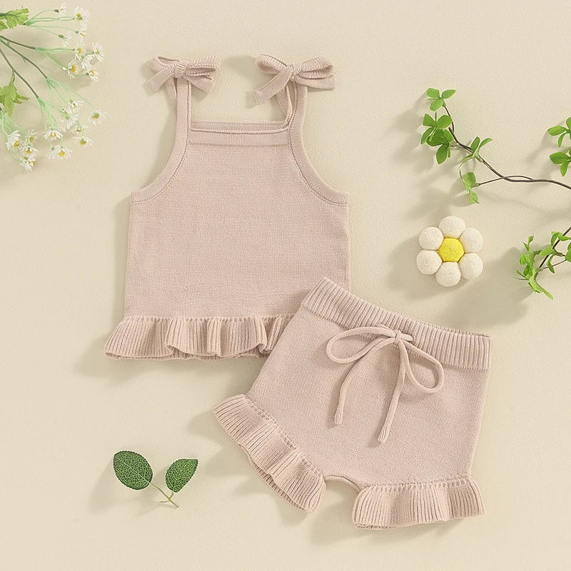 Baby Girl 2Pcs Outfits Knit Solid Color Sleeveless Cami Tank Top Tie with Elastic Waist Shorts Outfit Set