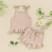 Load image into Gallery viewer, Baby Girl 2Pcs Outfits Knit Solid Color Sleeveless Cami Tank Top Tie with Elastic Waist Shorts Outfit Set
