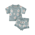 Baby Toddler Girls 2Pcs Clothes Set Short Sleeve Floral Flowers Print Knit Top +Shorts Bloomers Spring Outfit