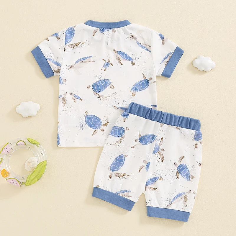 Baby Toddler Boys 2Pcs Summer Outfit Ocean Turtle Print Short Sleeve Top Elastic Waist Shorts Clothes Set