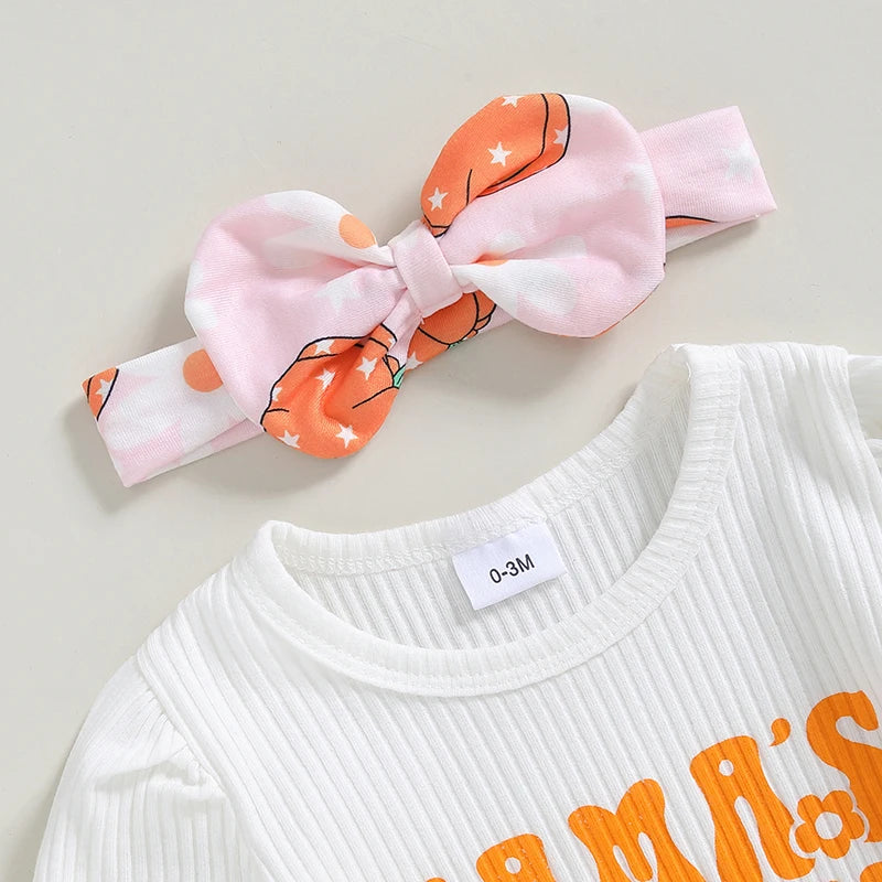 Baby Girls 3Pcs Mama's Pumpkin Halloween Outfit Letter Print Long Sleeve Romper and Pumpkin Print Flared Pants Headband Set