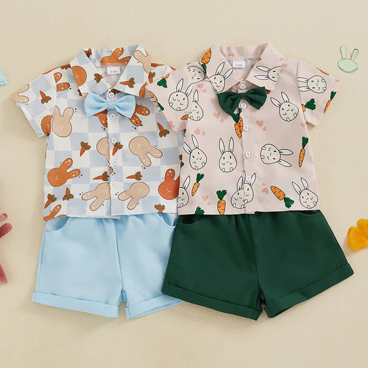 Baby Toddler Boys 2Pcs Easter Outfit Short Sleeve Bunny Rabbit Carrot Print Button Up Top with Bowtie and Solid Color Shorts Set