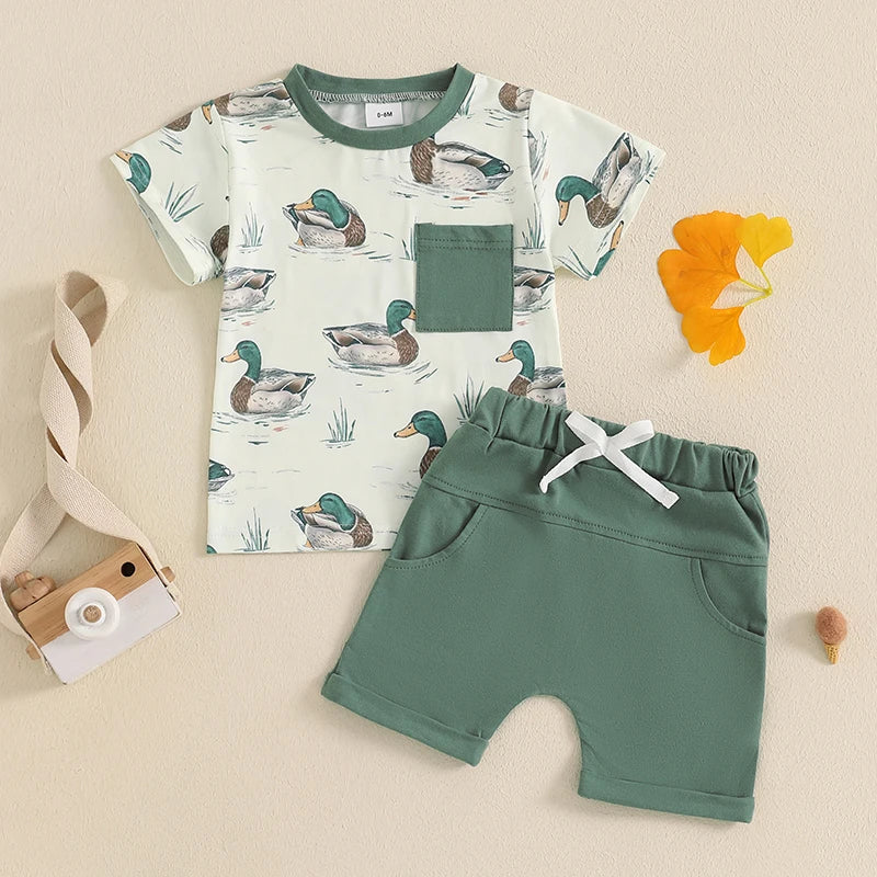 Baby Toddler Boys 2Pcs Duck Print Spring Outfit Short Sleeve T-Shirt Top Elastic Waist Shorts Farm Clothes Summer Set