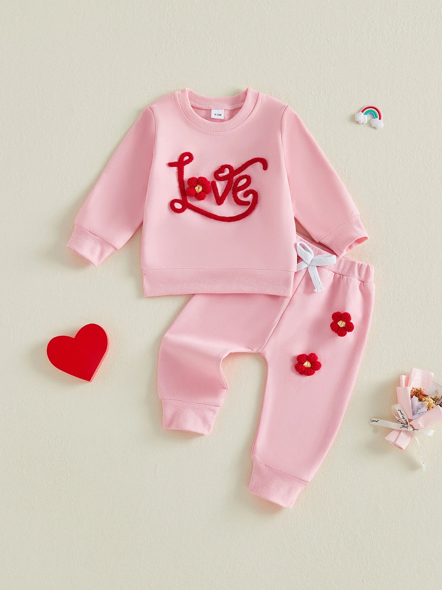 Baby Toddler Girls 2Pcs Valentine's Day Clothes Long Sleeve Crew Neck 3D Crochet Flower Love Decor Top and Pants Jogger Set