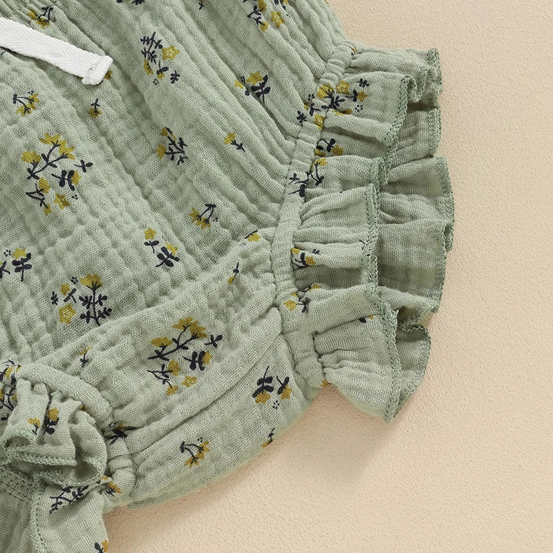 Baby Toddler Girls 3Pcs Summer Set Round Neck Floral Print Tank Top Elastic Waist Frill Trim Shorts Headband 3Piece Outfit