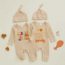 Load image into Gallery viewer, Baby Boys Girls 2Pcs Gobble Til You Wobble / My First Thanksgiving Romper Letter Turkey Print Long Sleeve Jumpsuit and Hat Fall Set
