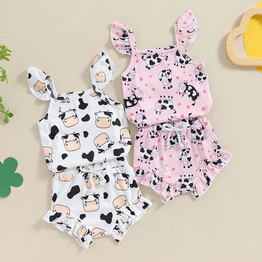 Baby Girls 2Pcs Fly Sleeve Tank Top Cow Print Romper Drawstring Shorts Outfit Set