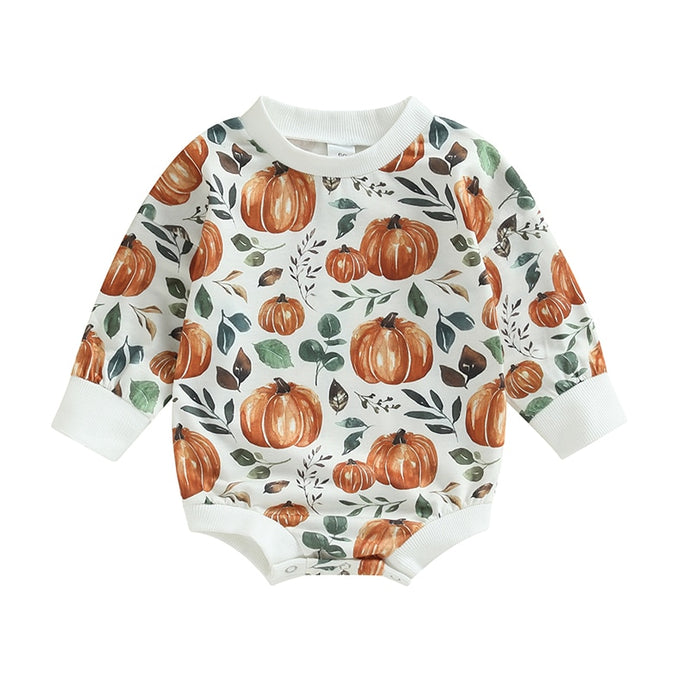 Baby Toddler Girls Boys Halloween Bodysuit Fall Long Sleeve Crewneck Pumpkin Print Romper