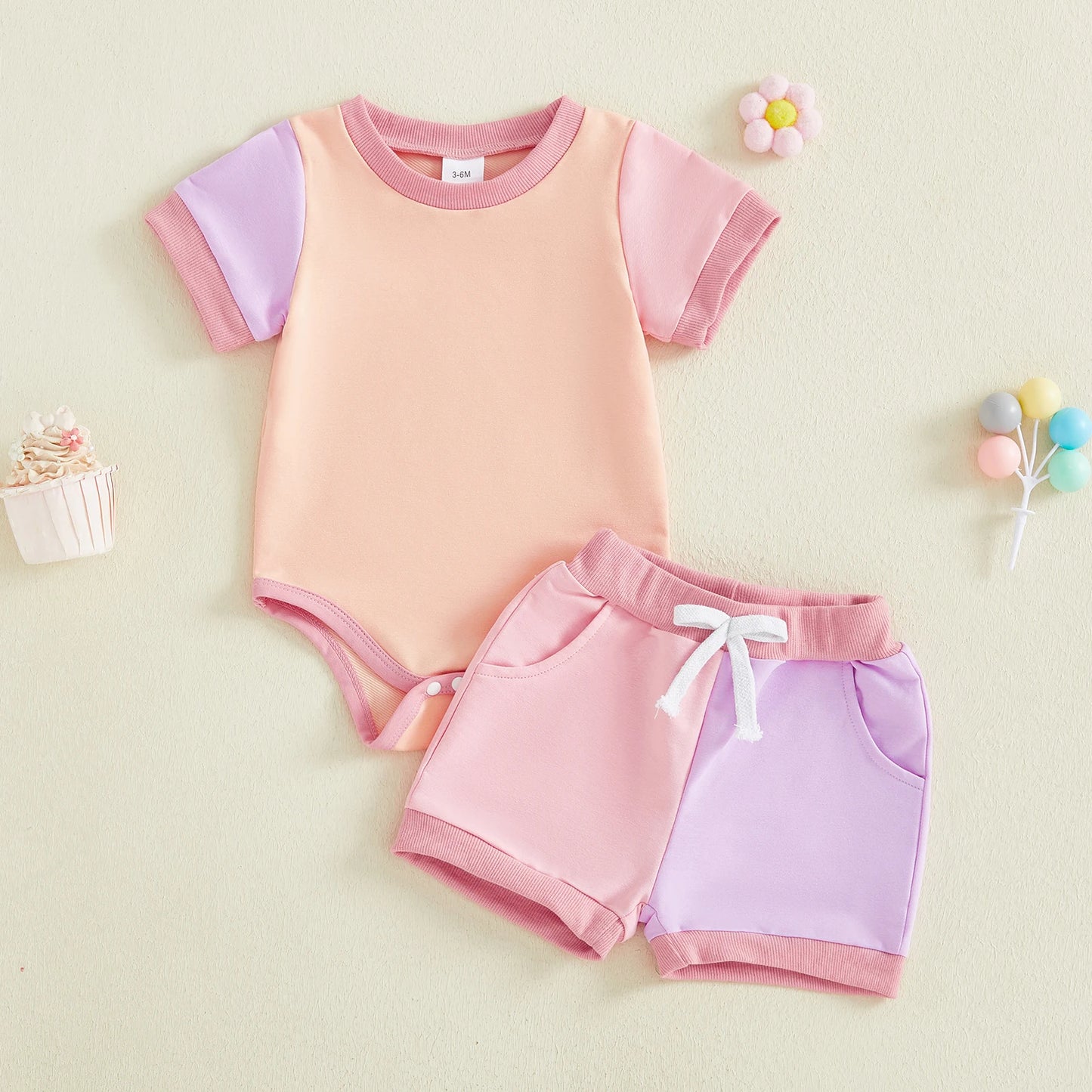 Baby Boys 2Pcs Summer Shorts Sets Short Sleeve O Neck Contrast Color Romper and Drawstring Shorts Set