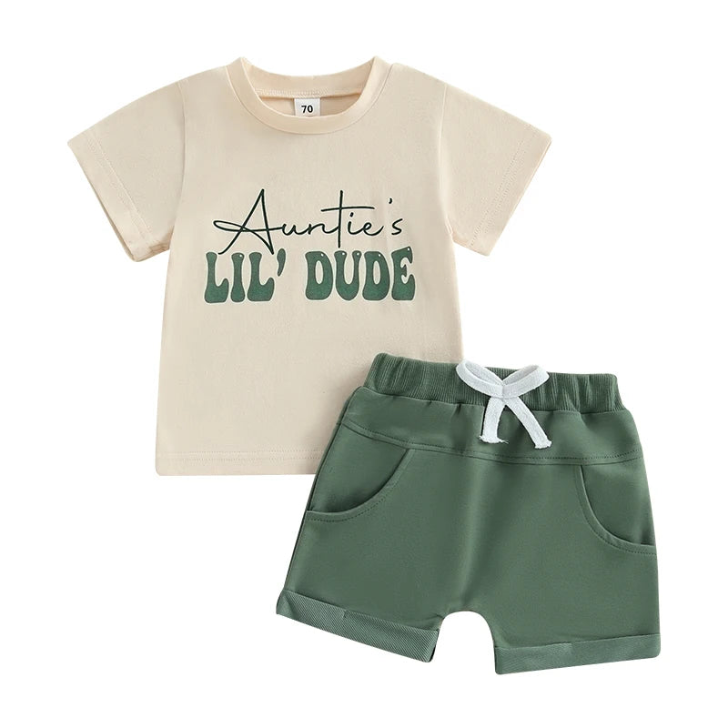Baby Toddler Boys 2Pcs Auntie's Lil Dude Summer Outfit Letter Print Round Neck Short Sleeve Top with Solid Color Shorts Set