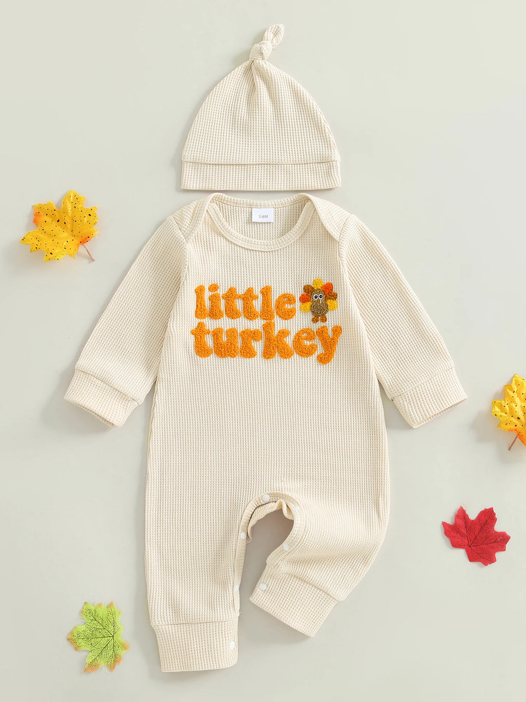 Baby Boys Girls 2Pcs Little Turkey Thanksgiving Outfit Long Sleeve Crew Neck Letter Turkey Embroidery Full Length Romper with Hat Set