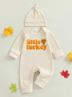 Baby Boys Girls 2Pcs Little Turkey Thanksgiving Outfit Long Sleeve Crew Neck Letter Turkey Embroidery Full Length Romper with Hat Set
