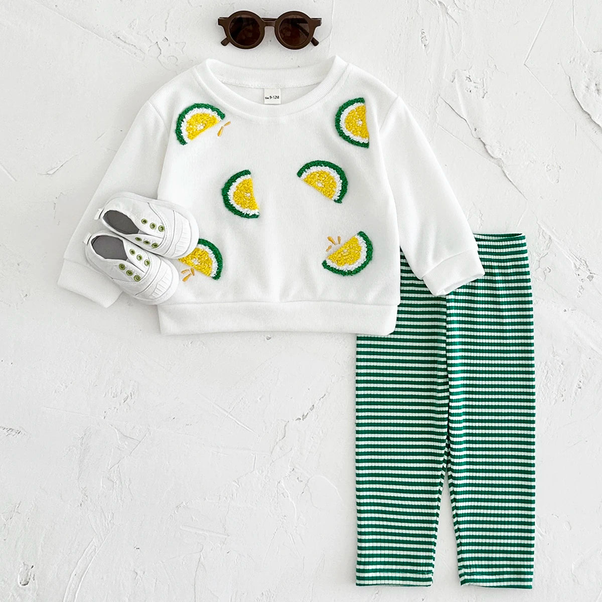 Baby Toddler Boys Girls 2Pcs Lemon Fruit Embroidery Crewneck Long Sleeve Top + Striped Pants Set Outfit