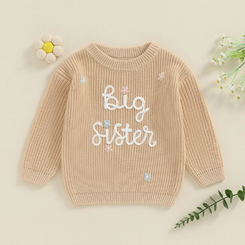 Toddler Kids Girl Big Sister Sweater Cute Long Sleeve Letter Embroidery Knit Pullover Loose Top