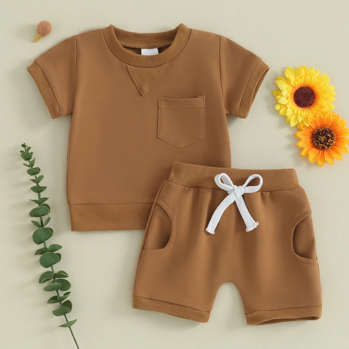 Baby Toddler Boy Girl 2Pcs Spring Summer Clothes Solid Color Short Sleeve O-Neck Top with Matching Shorts Set Outfit