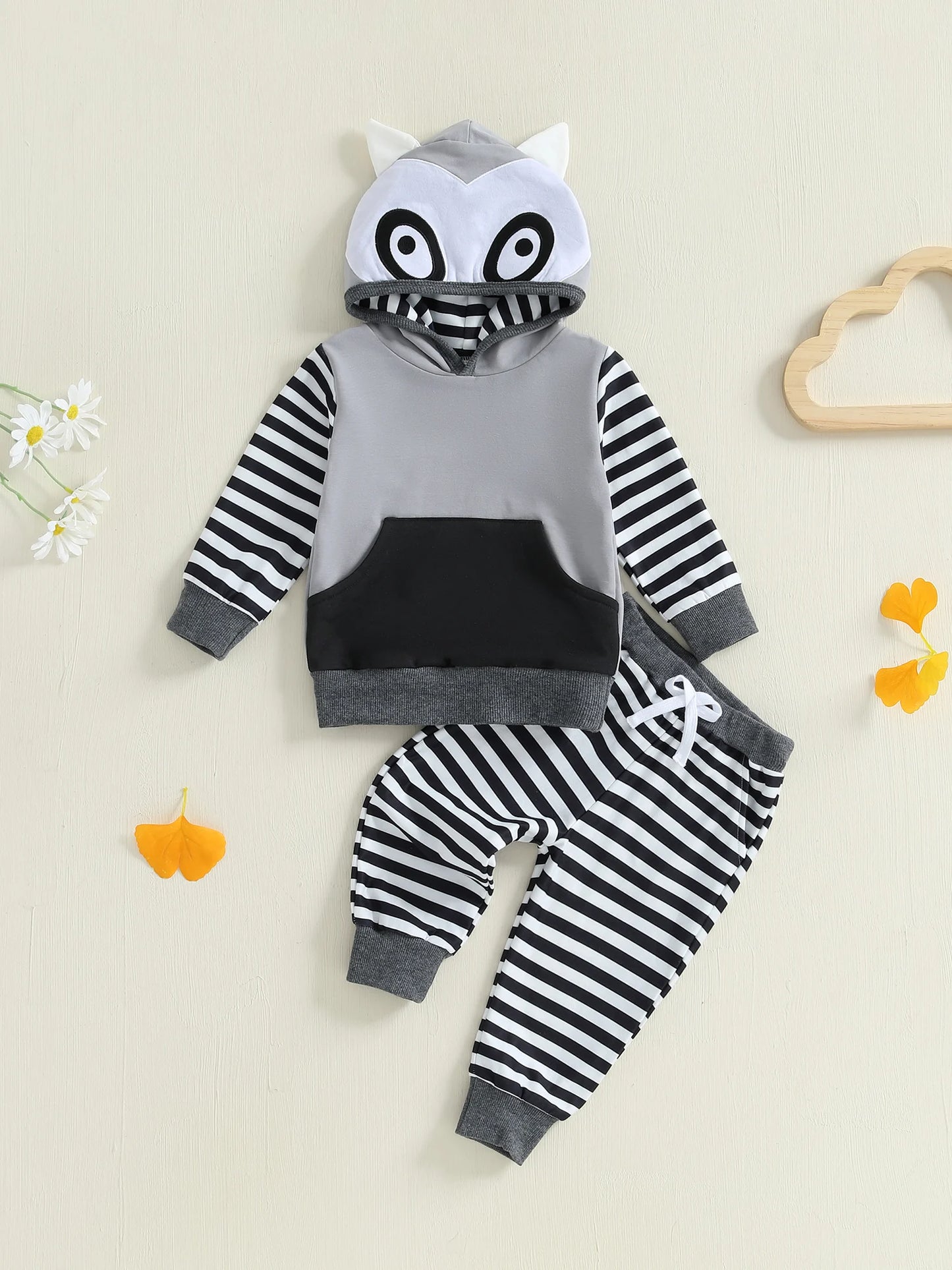 Baby Toddler Boy 2Pcs Fall Outfits Long Sleeve Animal Dinosaur Lemur Hoodies + Elastic Waist Stripe Pants 2Pcs Jogger Set