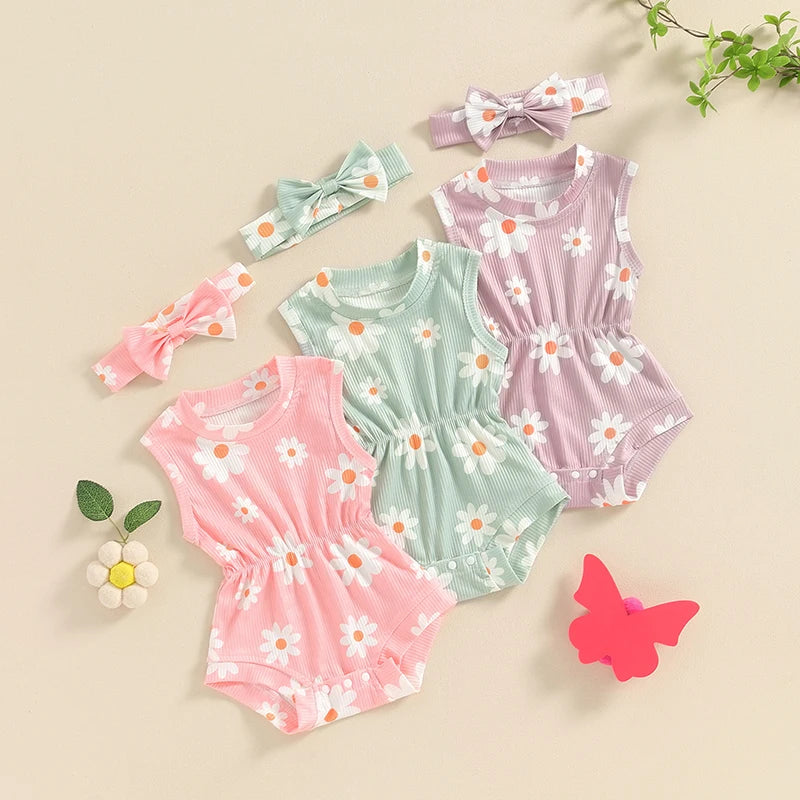 Baby Girls 2Pcs Rompers Daisy Print Round Neck Sleeveless Tank Top Bodysuit Summer Clothes with Headband