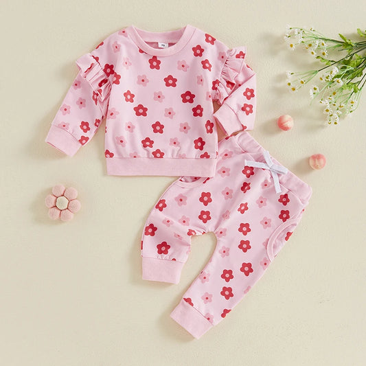 Baby Toddler Girl 2Pcs Fall Outfit Ruffle Long Sleeve Floral Flower Print Top + Pants Set