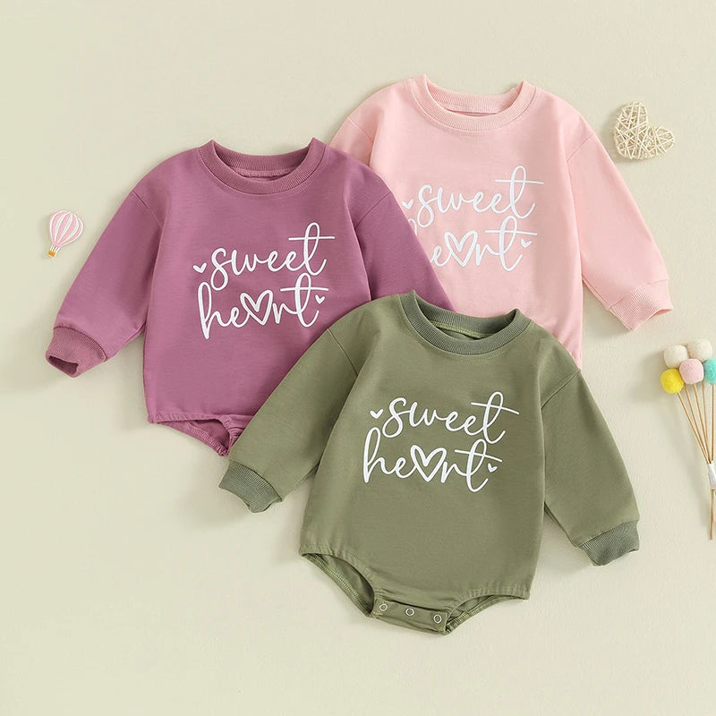 Baby Girls Boys Valentine's Day Long Sleeve Sweet Heart Letters Bubble Romper