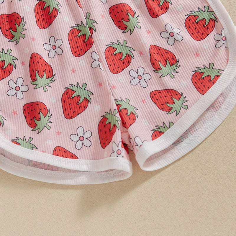 Baby Toddler Kids Girls Jumpsuit Sleeveless Tie Strap Tank Top Strawberry Print Romper Shorts Infant Playsuit