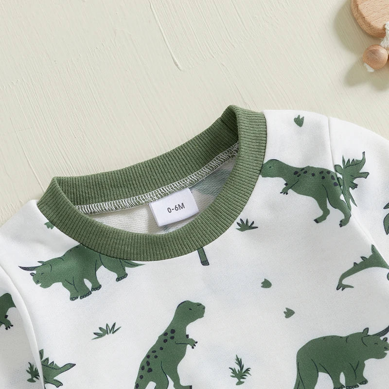 Baby Toddler Boys 2Pcs Outfit Long Sleeve Dinosaur Print Crewneck Top Drawstring Pants Jogger Set