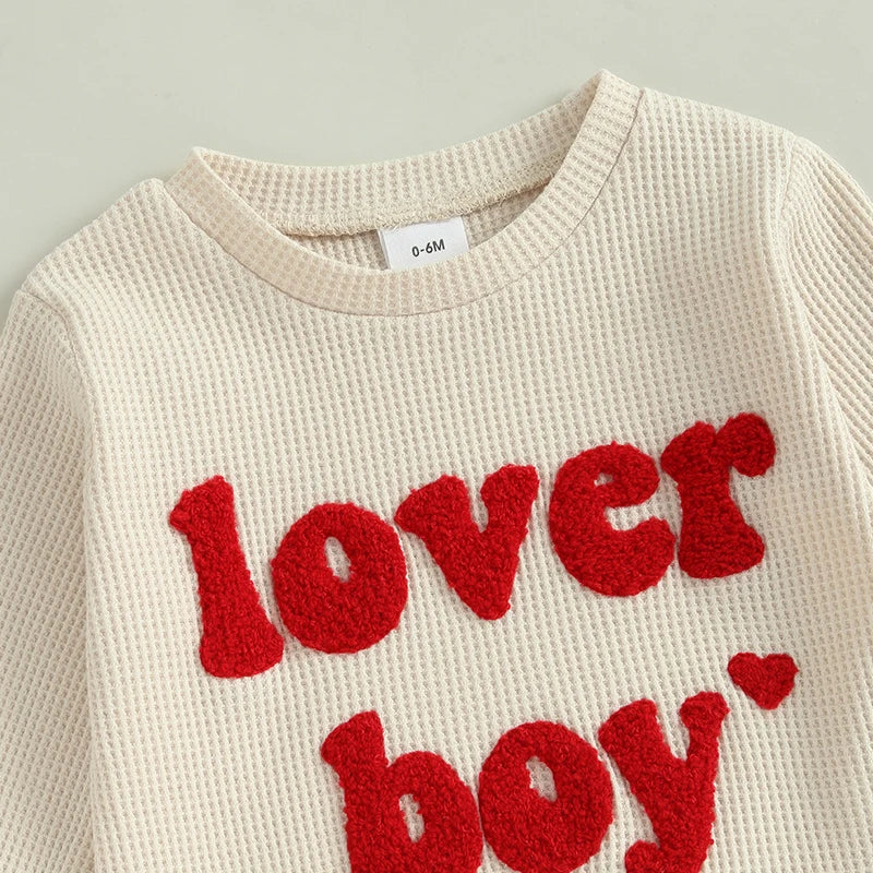 Baby Toddler Boys 2Pcs Lover Boy Valentine's Day Outfit Letter Embroidery Ribbed Long Sleeve Crew Neck Top with Drawstring Jogger Pants Valentines Set