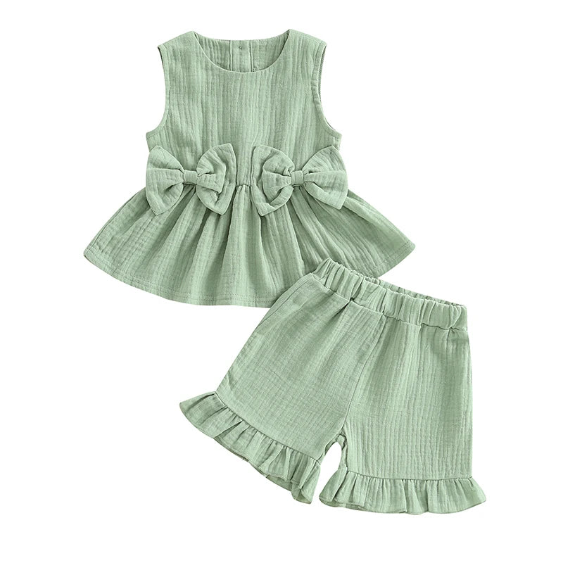 Baby Toddler Kids Girl 2Pcs Summer Clothes Solid Color Bow Round Neck Tank Top + Elastic Waist Ruffled Shorts Set