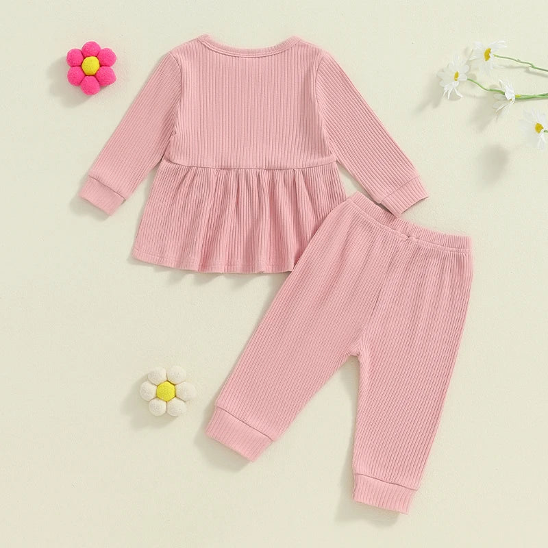 Toddler Kids Girls 2Pcs Fall Outfit Solid Color Ribbed Long Sleeve Babygirl Shirt and Elastic Pants Set