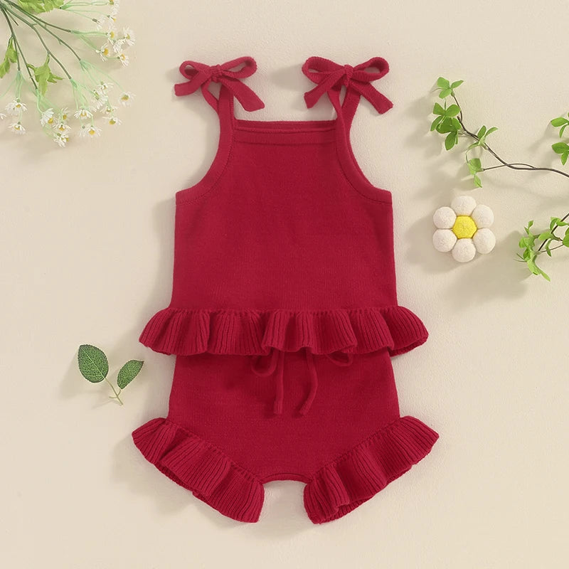 Baby Girl 2Pcs Outfits Knit Solid Color Sleeveless Cami Tank Top Tie with Elastic Waist Shorts Outfit Set